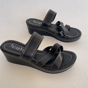 Vtg 90s Y2K Black Leather Strappy Platform Slide Sandals Sz 8.5 / PARAPHRASE